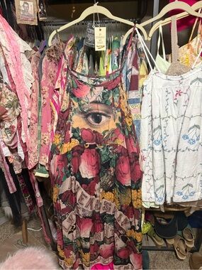 Floral Eye-Print Maxi Dress in Pink and Gold